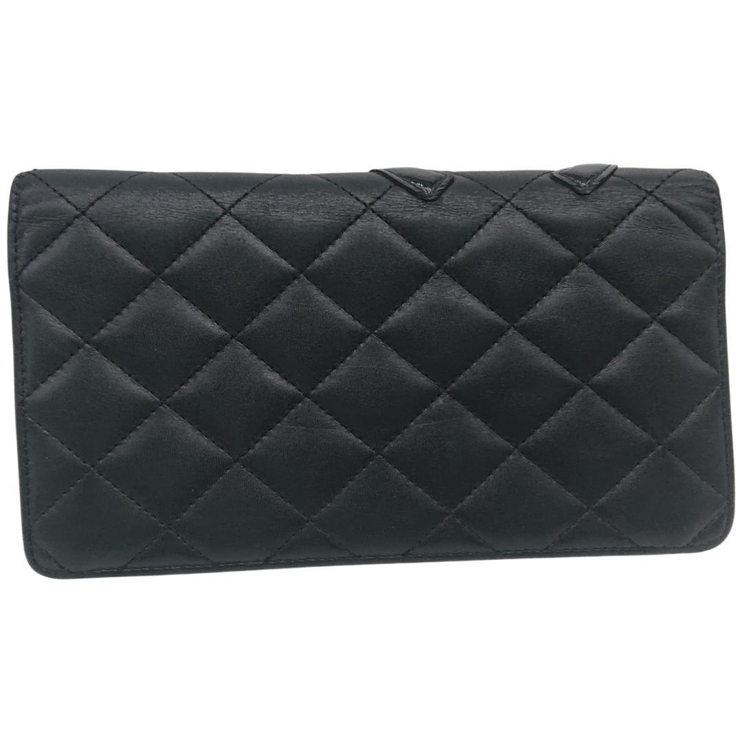 シャネル　カンボンライン　長財布　ブラックｘブラックｘピンク　レザー