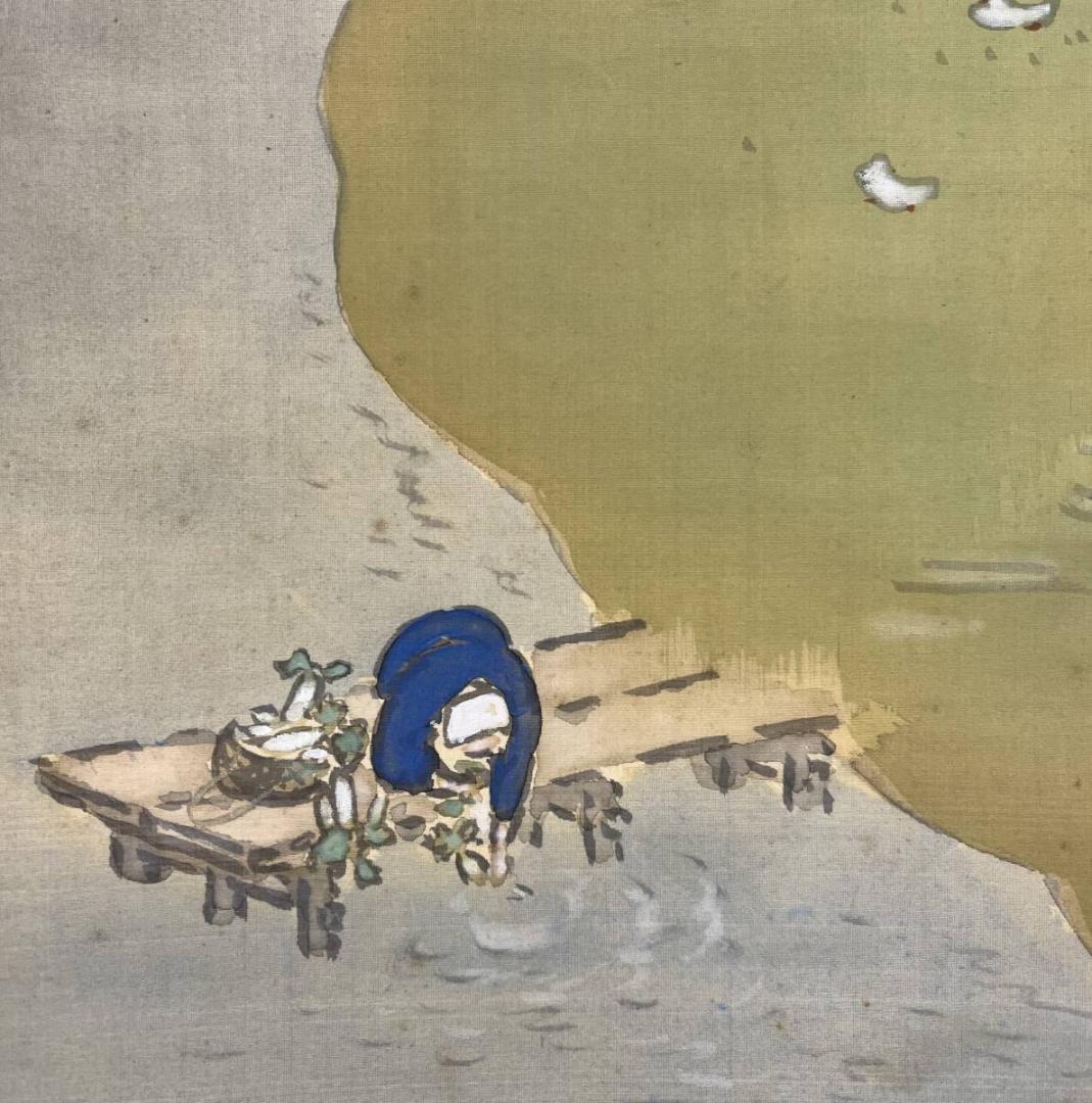 真作/春堂/田家之春図/人物/絹表装/布袋屋掛軸A-332