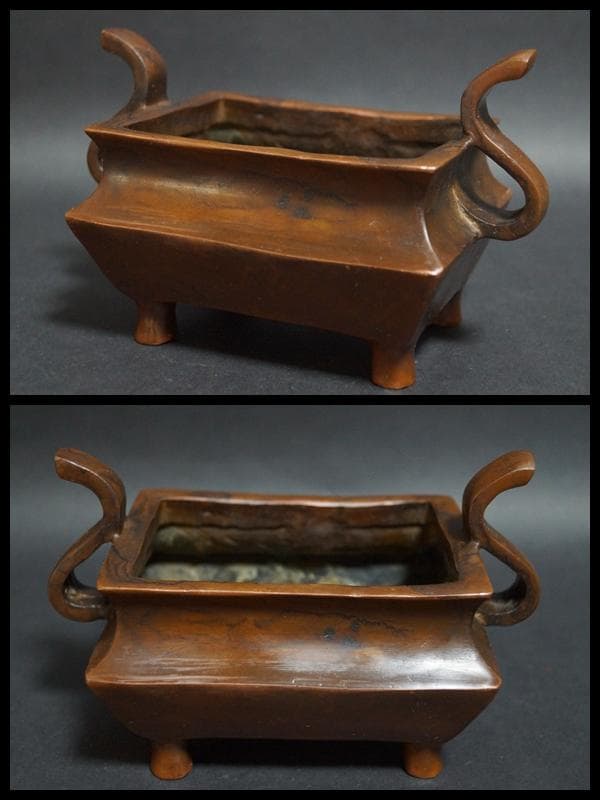 清時代 【大明宣徳年製】款 古銅双耳長香炉 寺院銅爐 茶道具/ 香道具☆時代物☆