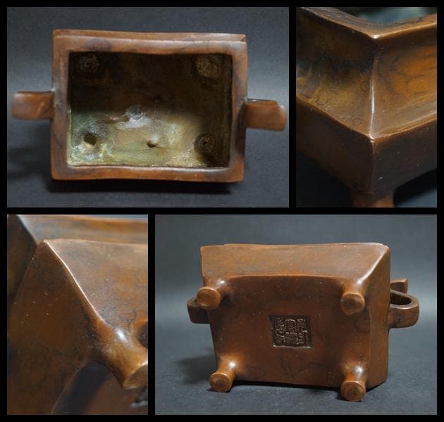 清時代 【大明宣徳年製】款 古銅双耳長香炉 寺院銅爐 茶道具/ 香道具☆時代物☆