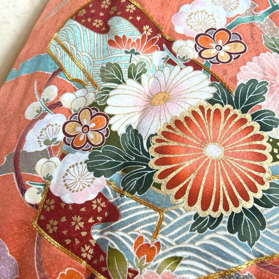 486 振袖フルセット 正絹 渋桃 クリーム 金彩 駒刺繍 暈し染め 長身さん
