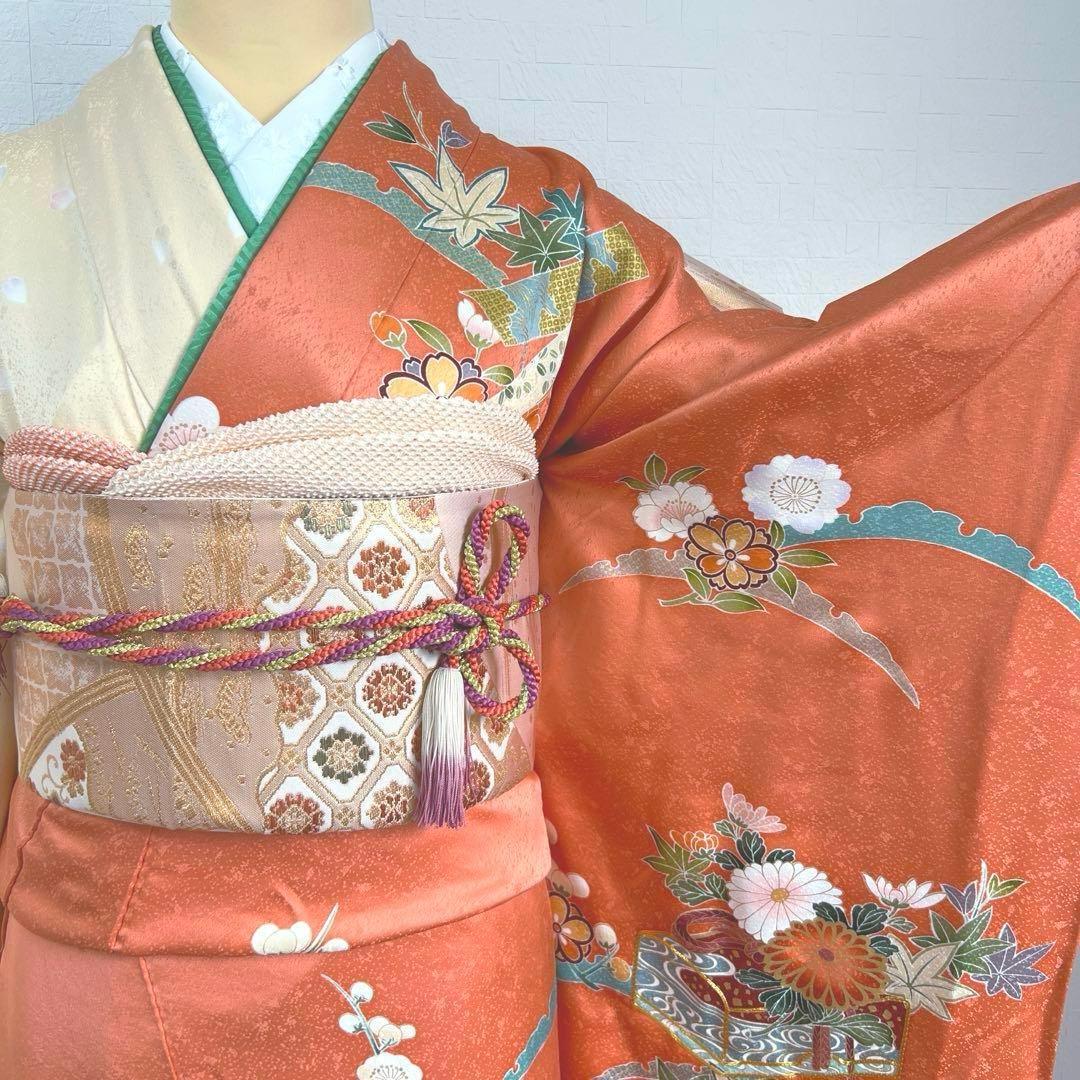 486 振袖フルセット 正絹 渋桃 クリーム 金彩 駒刺繍 暈し染め 長身さん