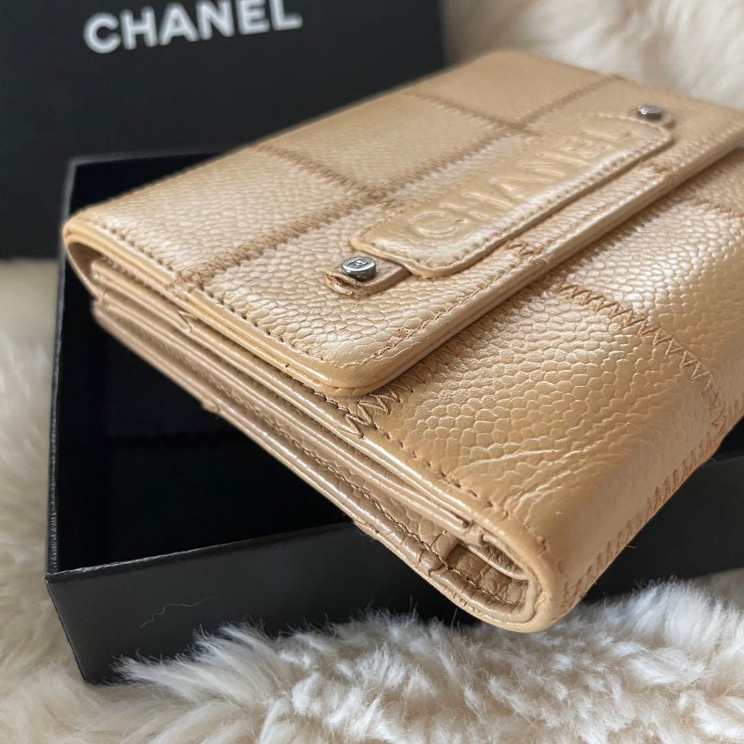 美品 CHANEL シャネル キャビアスキン 財布 ベージュ 正規