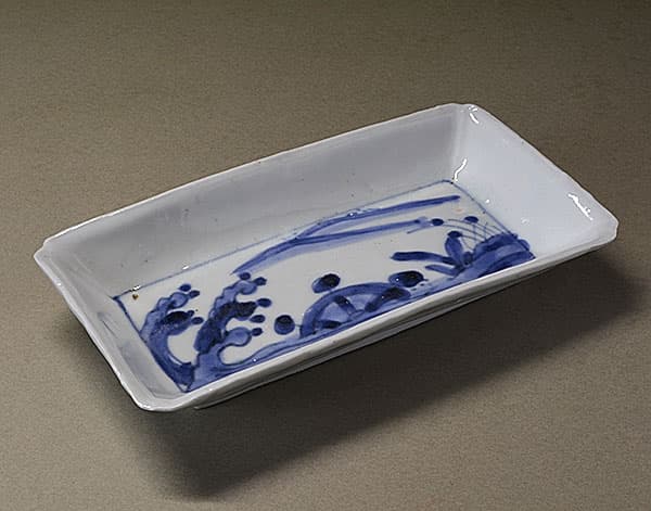 古伊万里染付 山水に水車文 長型皿