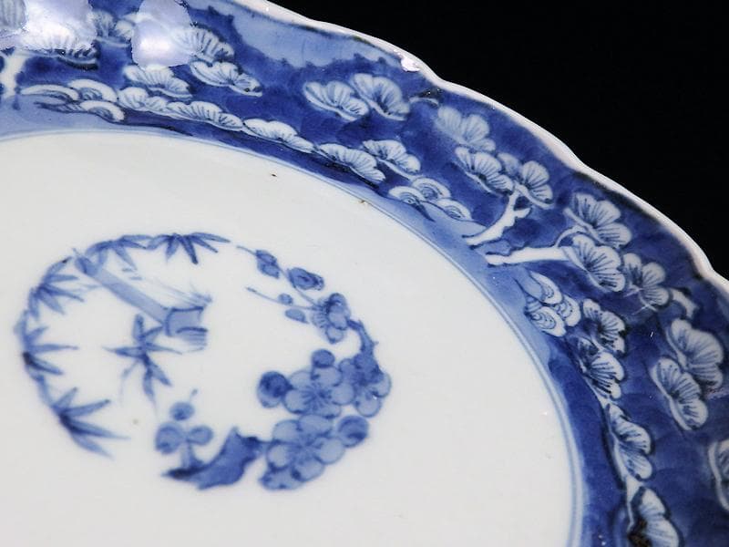 古伊万里　染付　松林に松竹梅の図　６寸半皿　C743AS-BQy