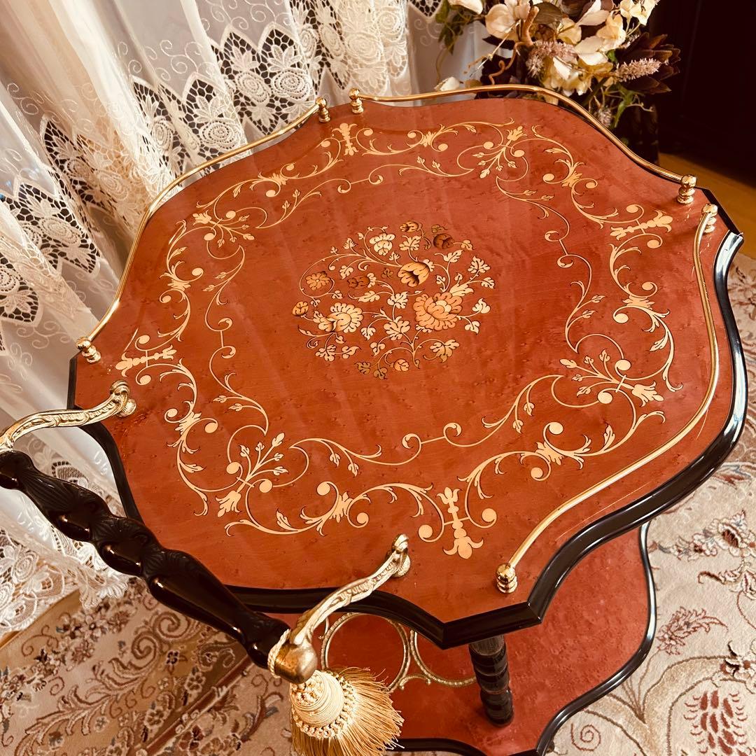 イタリア製象嵌キッチンワゴン　タッセル1本　アンティーク輸入家具　サイドテーブル