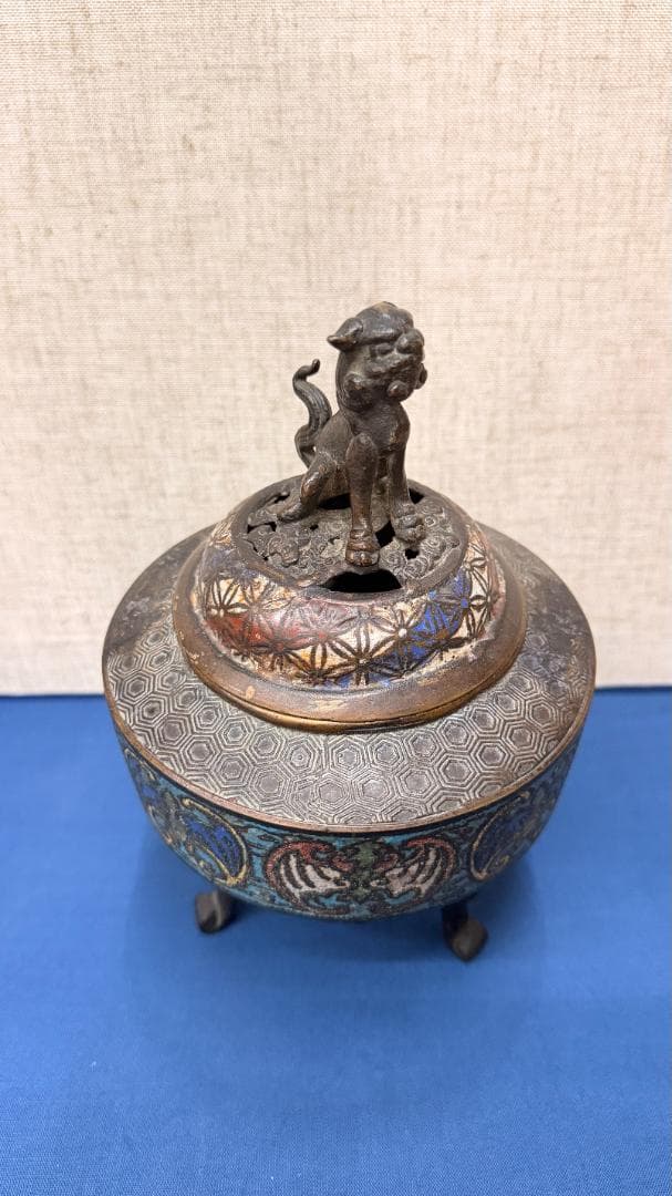 極上装飾】景泰藍（七宝）獅子蓋香炉｜古銅＋七宝細工｜幅13×高さ21cm