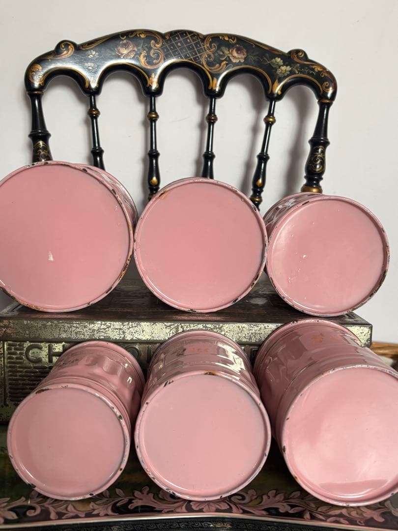 ピンク ホーロー キャニスター 6個セット フランスヴィンテージ