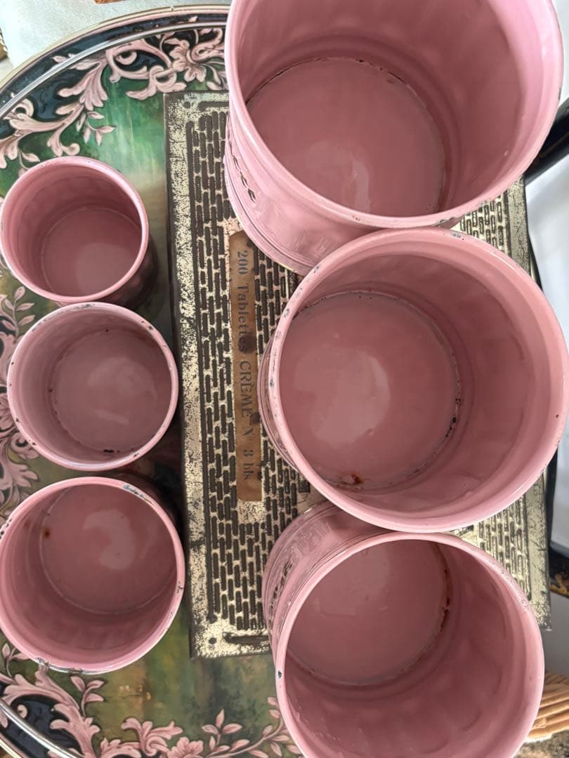 ピンク ホーロー キャニスター 6個セット フランスヴィンテージ