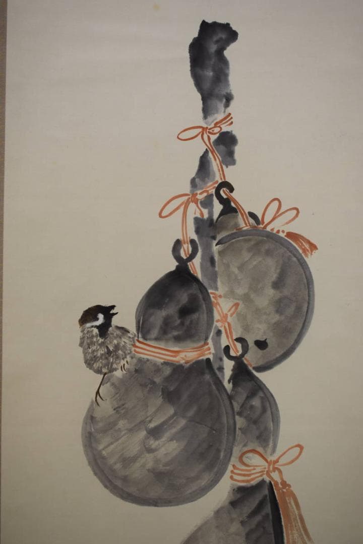 真作/笠井利之/雀と六瓢図/桐共箱付/布袋屋掛軸HJ-142