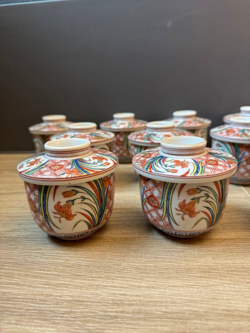 1501 九谷焼　錦絵文　蒸茶碗　10客