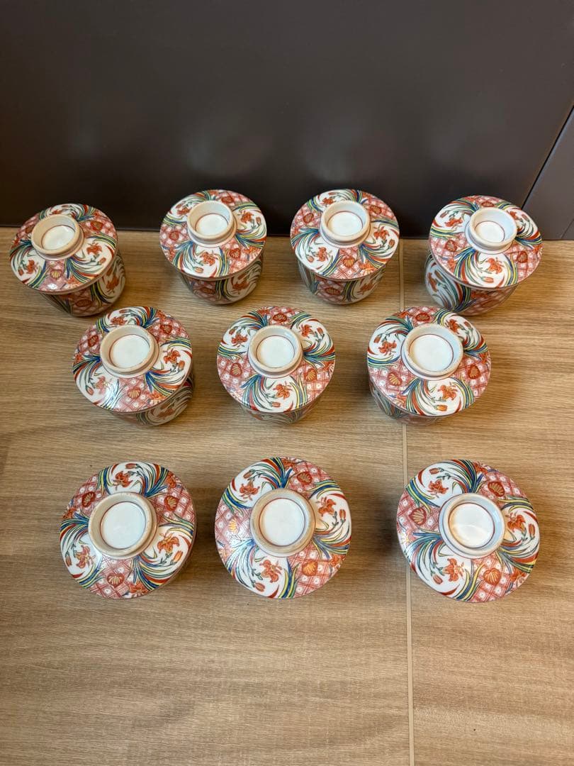 1501 九谷焼　錦絵文　蒸茶碗　10客