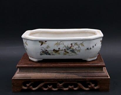 パステルカラーのオシドリの絵植木鉢の中古品アンティークコレクション装飾植物の置物