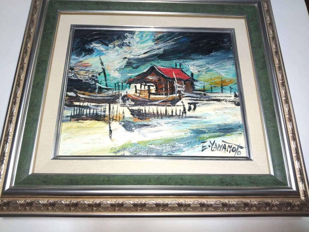 絵画、油彩、３号、夜の海、山本英二、額縁付き、真作、肉筆。