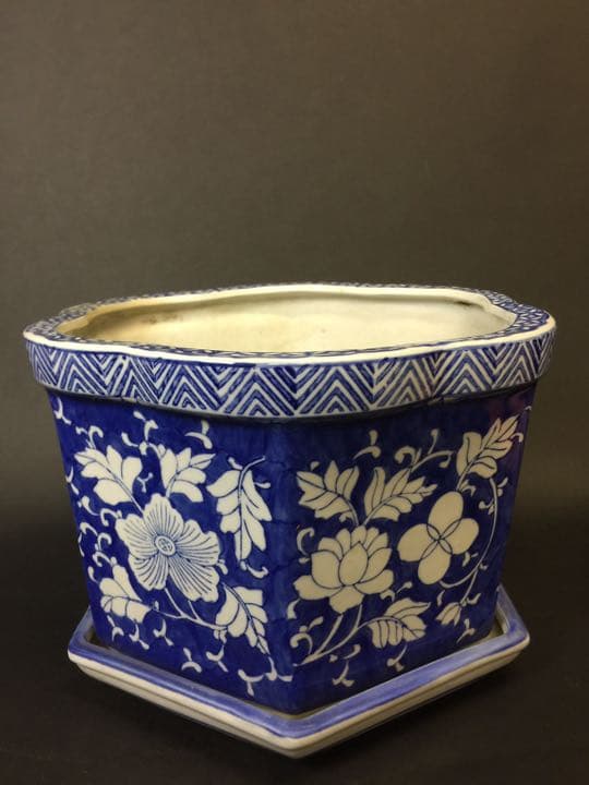 超大 染付六面梅花形植木鉢 盆栽鉢 冰裂纹青花花盆年代物古美術