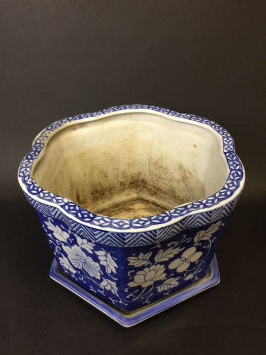 超大 染付六面梅花形植木鉢 盆栽鉢 冰裂纹青花花盆年代物古美術