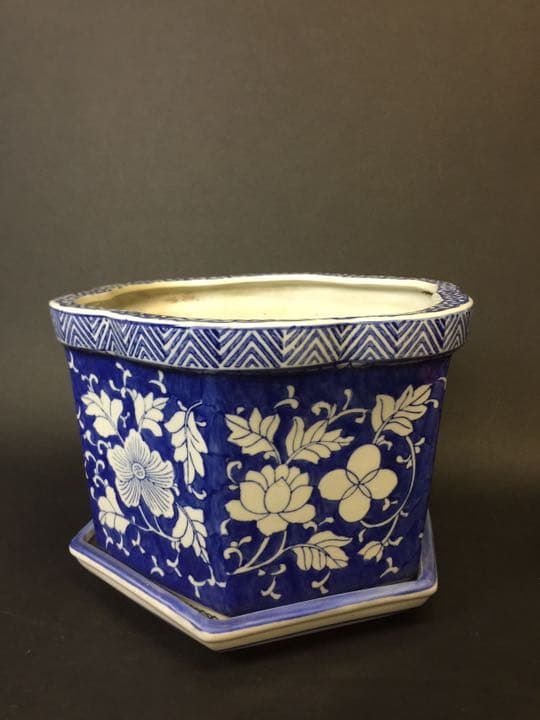 超大 染付六面梅花形植木鉢 盆栽鉢 冰裂纹青花花盆年代物古美術