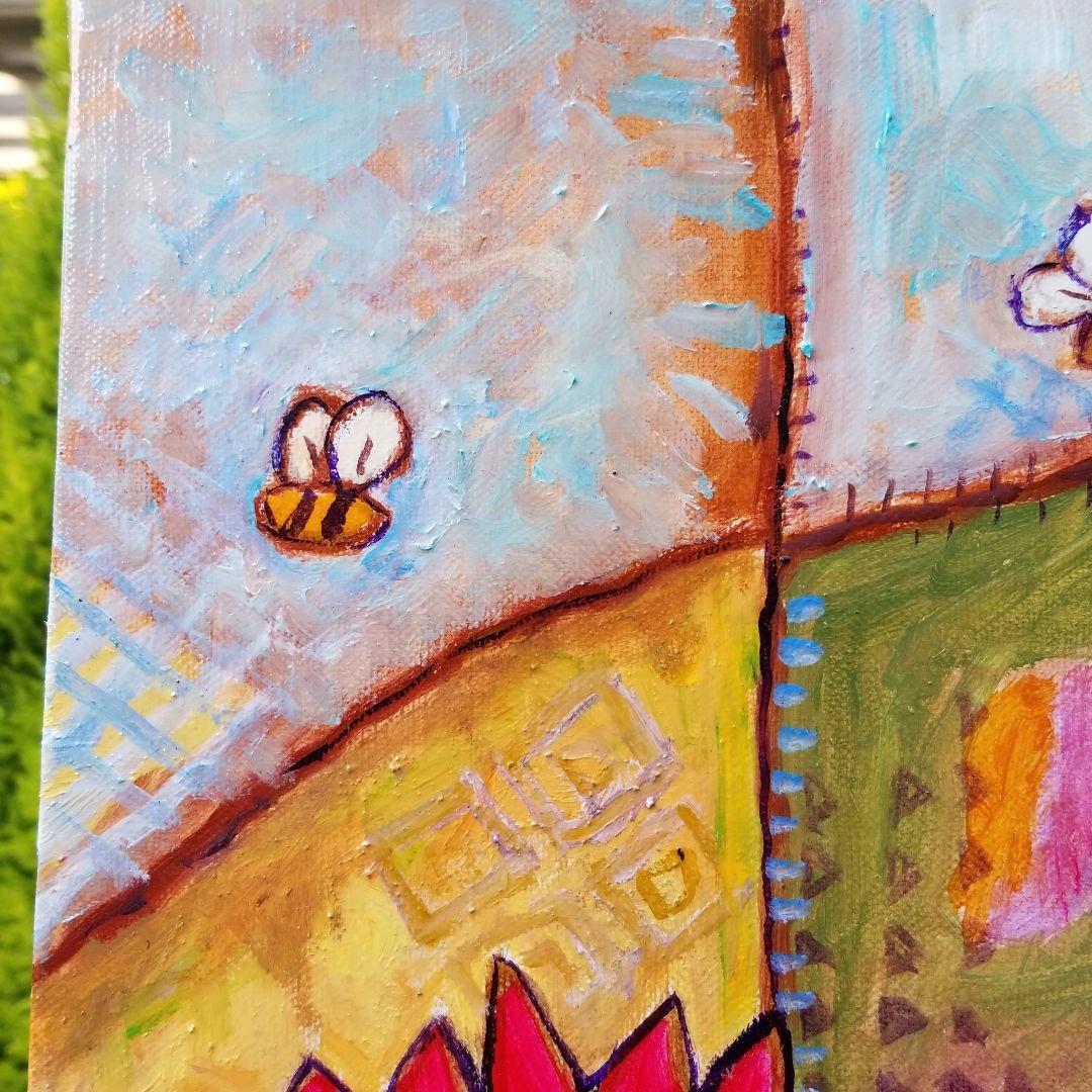 キャンバス油絵　専用　赤いお花とみつばち