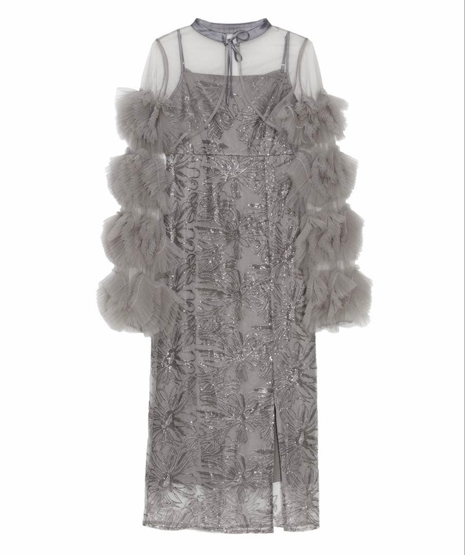 フリルチュールスリーブリボンIラインワンピースドレス