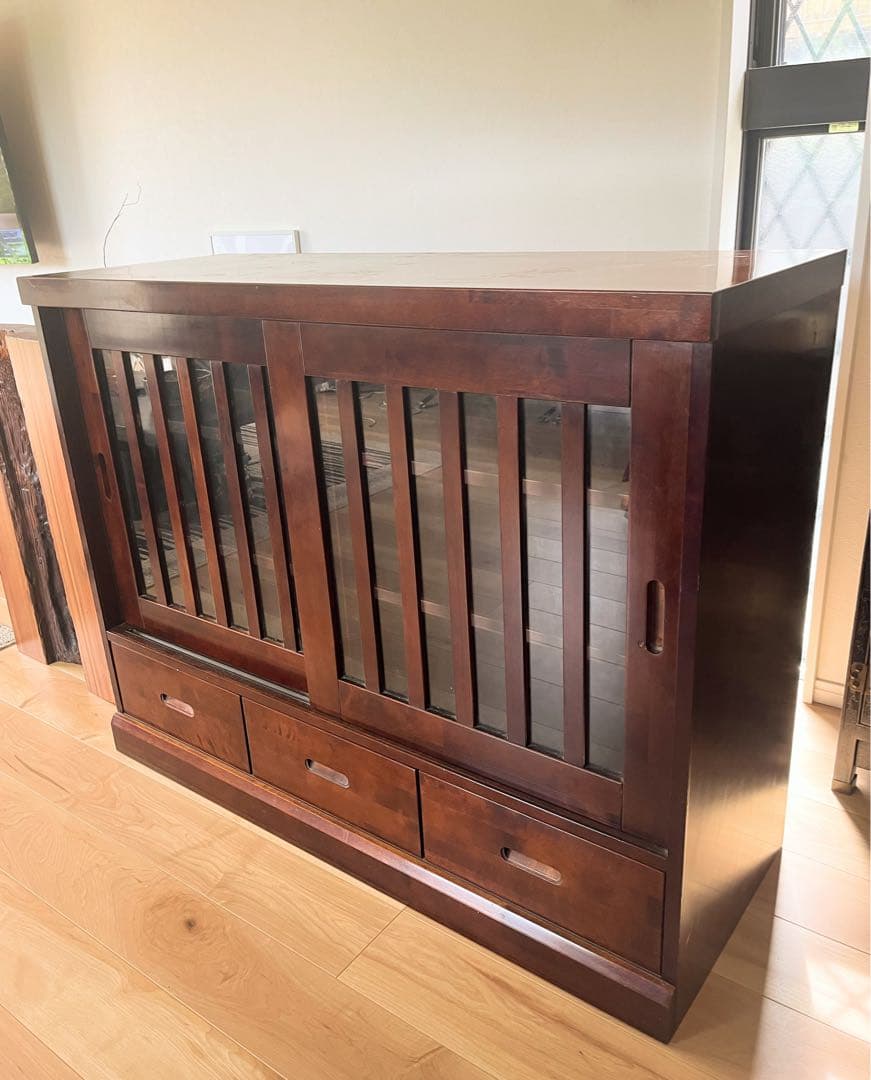 民芸　書籍　本棚　食器棚　和風　キャビネット　木製　ガラス