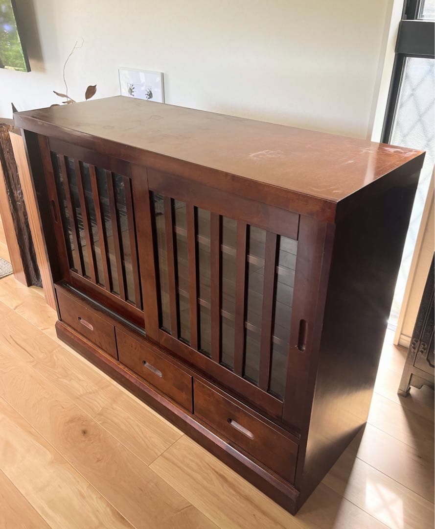 民芸　書籍　本棚　食器棚　和風　キャビネット　木製　ガラス