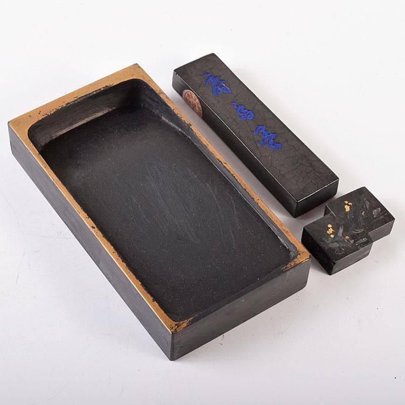 さき　中国　黒漆　螺鈿装飾山水人物文　硯箱　硯　墨　水滴一式　GR8428