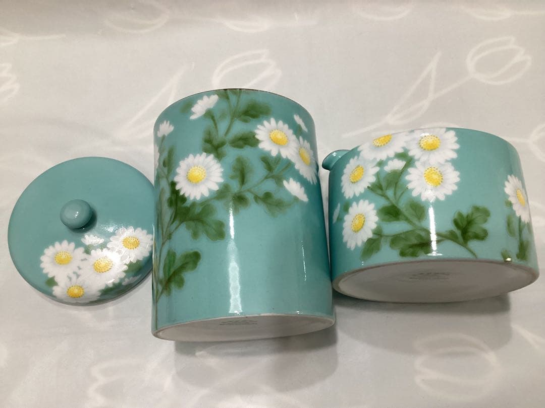 オールドノリタケ　陶器製煙草入れ、灰皿　青地白菊　ビンテージ　ヤジロベー印記念品