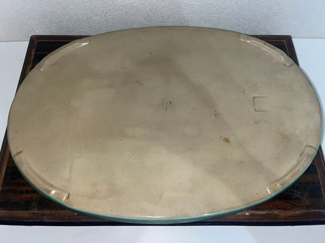 中国宜興　緑釉窯変結晶切立切足楕円水盤　 発色抜群 落款　盆栽鉢