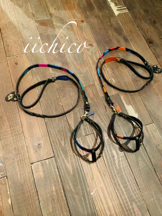 犬用リード＆ハーネス2点SET！Black革Blue系マルチドット