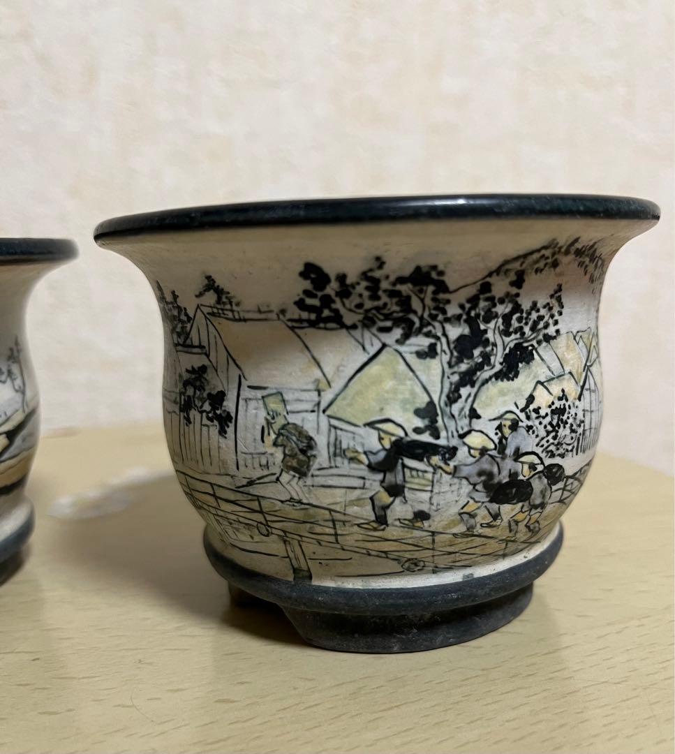 陶翠作　東海道五拾三次画　盆栽小鉢