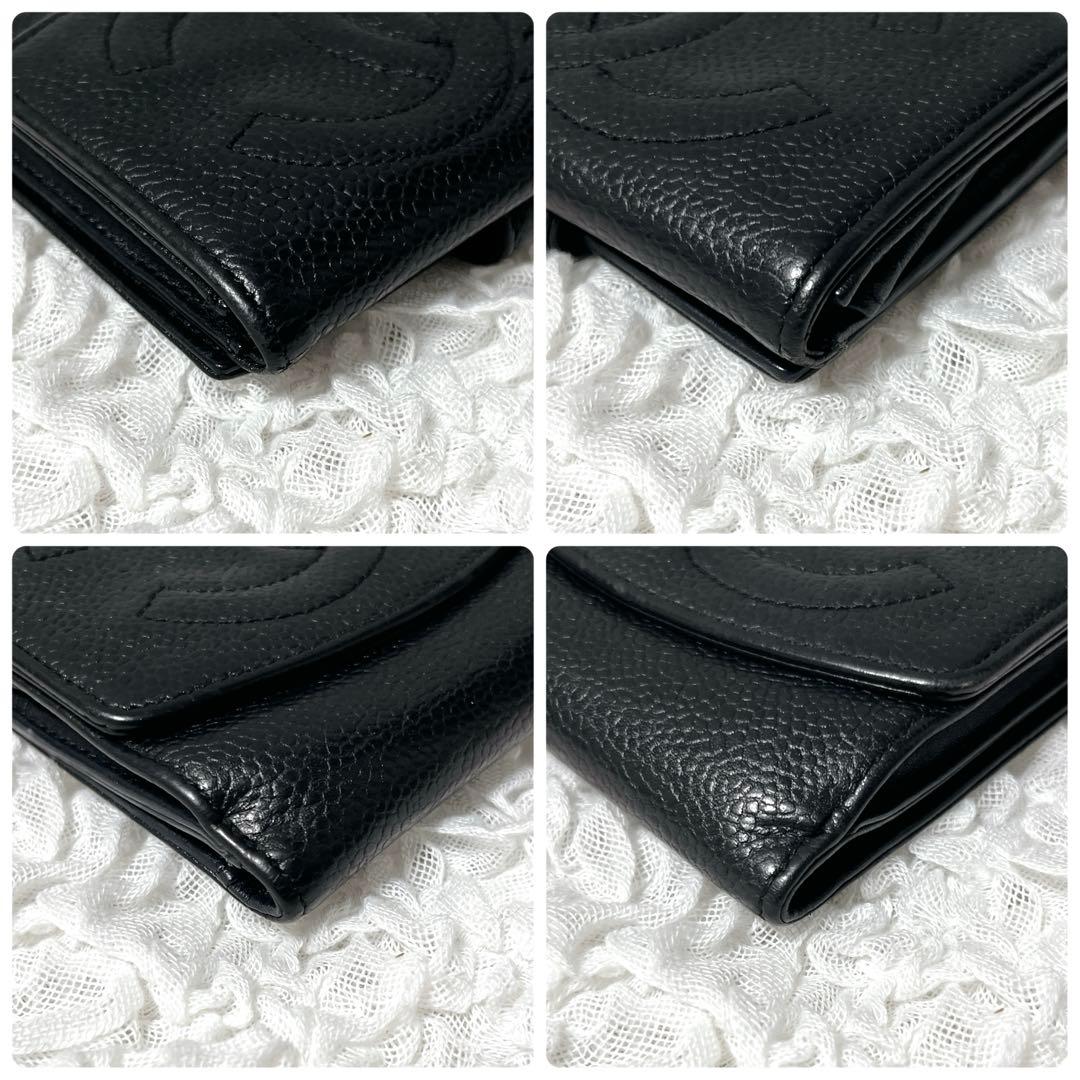CHANEL ブラックレザー 二つ折り財布　ココマーク　キャビアスキン　本革