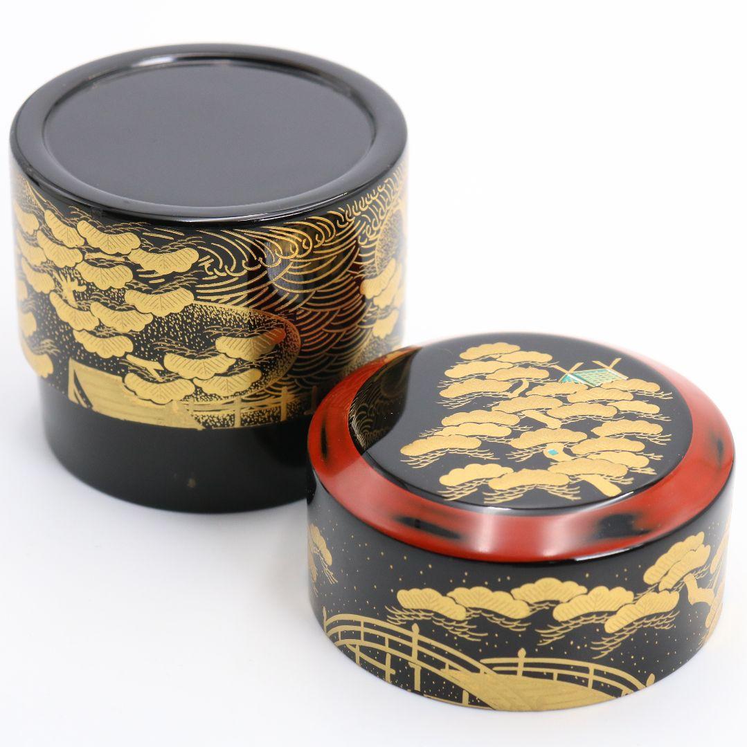 和田寿峰作 住吉蒔絵 薄茶器 面根来 山中塗 茶道具 共箱　V875　N6