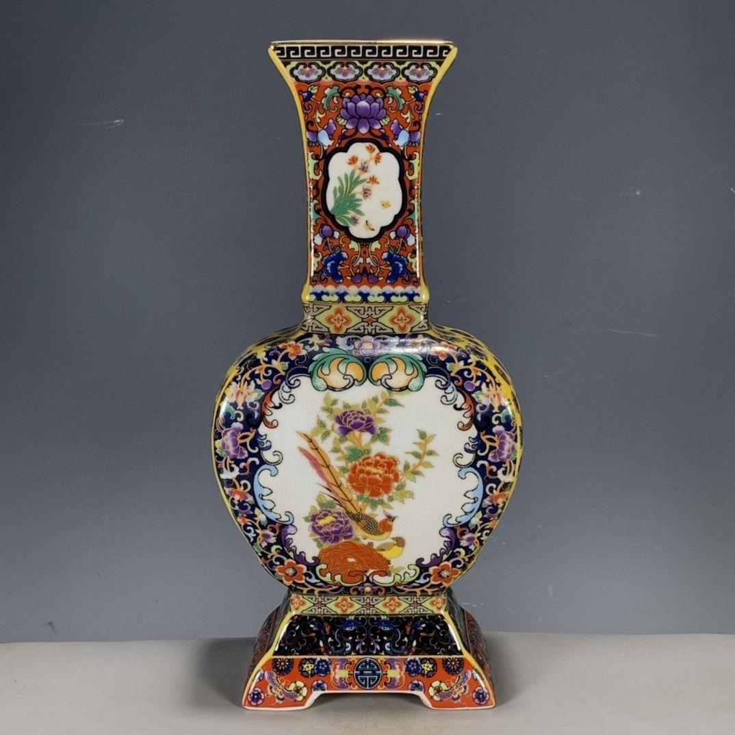 清代パステル蒔絵花鳥開窓扁腹尊瓶 景徳鎮 装飾品 現代工芸品美術品 置物