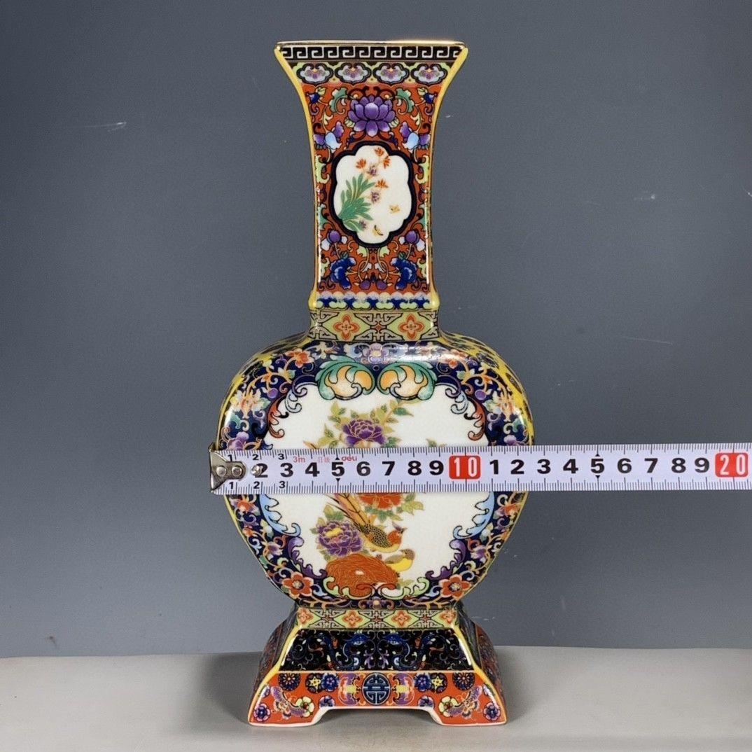 清代パステル蒔絵花鳥開窓扁腹尊瓶 景徳鎮 装飾品 現代工芸品美術品 置物