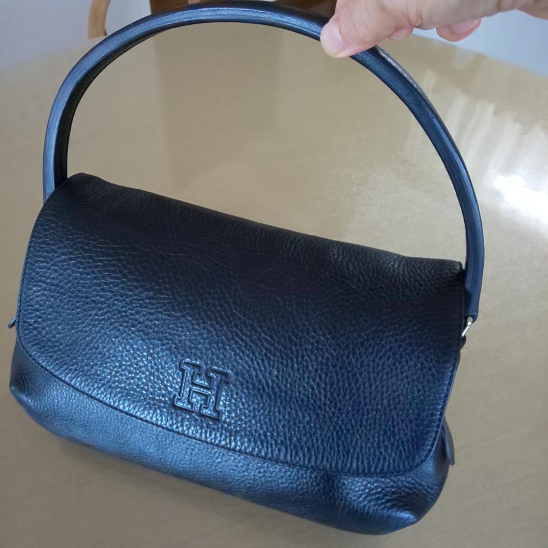 【美品】 ヒロフ HIROFU ハンドバッグ ペルーシェ　シボ革　濃紺　冠婚葬祭