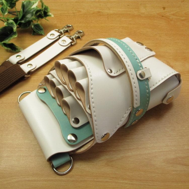 【トリマー向き】 ８丁　本革シザーケース　ホワイト＆空色　TSC-13/CWA