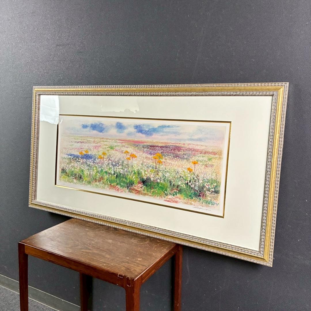 美品 ナターレ・アダミアーノ「白い花畑」リトグラフ 直筆サイン入り お洒落な額装