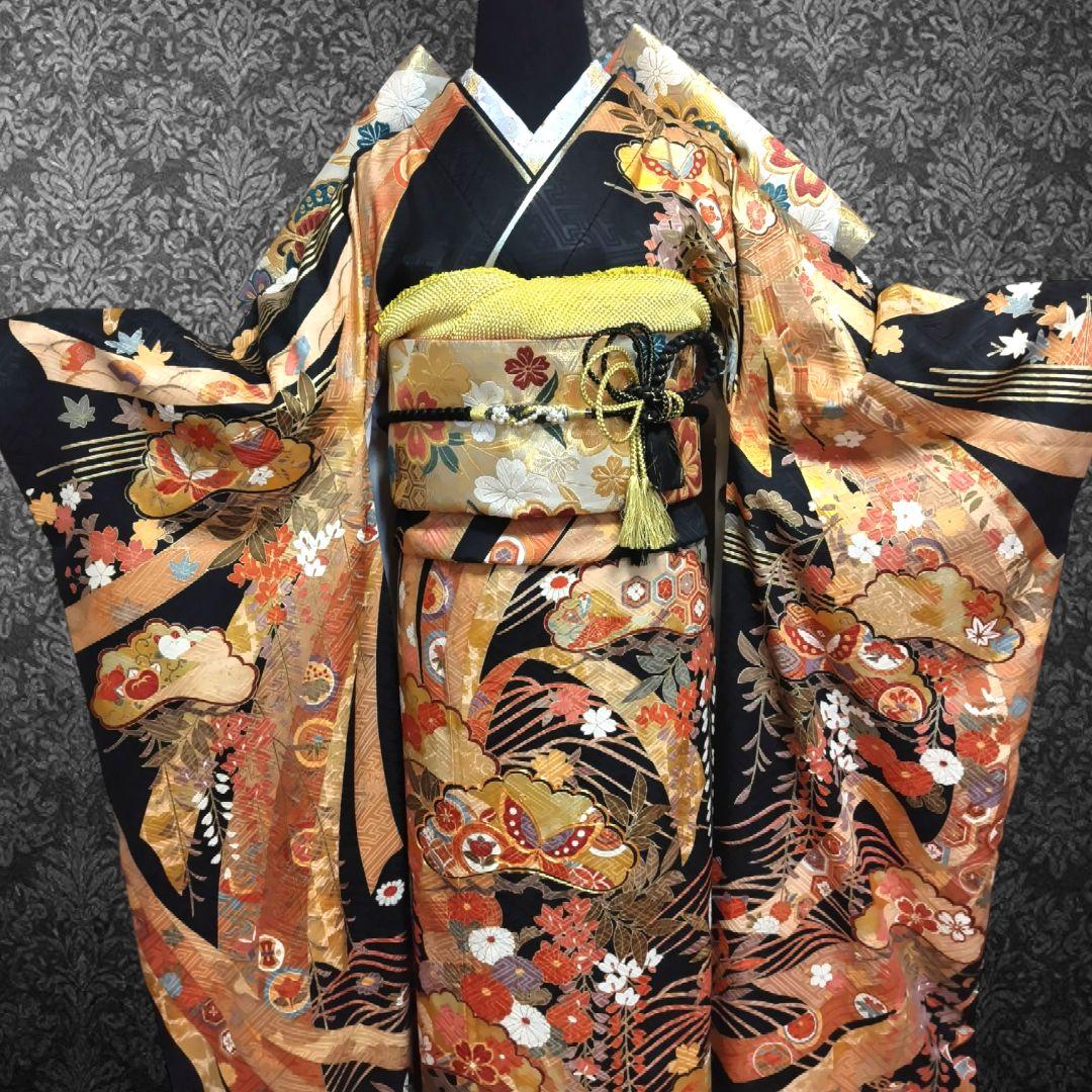 振袖フルセット(7点)・成人式・古典柄・金彩加工・束ね熨斗・金駒刺繍・正絹