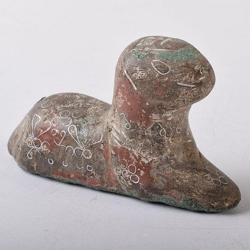 中国　天然石彫刻　銀象嵌彩色　神獣　紙鎮　置物　C　R8592