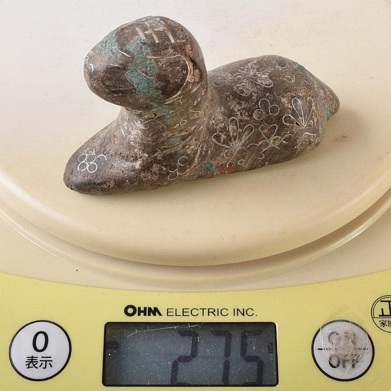 中国　天然石彫刻　銀象嵌彩色　神獣　紙鎮　置物　C　R8592