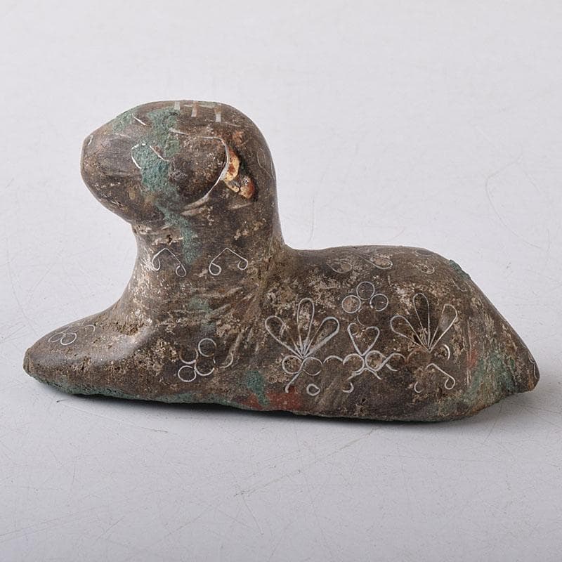 中国　天然石彫刻　銀象嵌彩色　神獣　紙鎮　置物　C　R8592