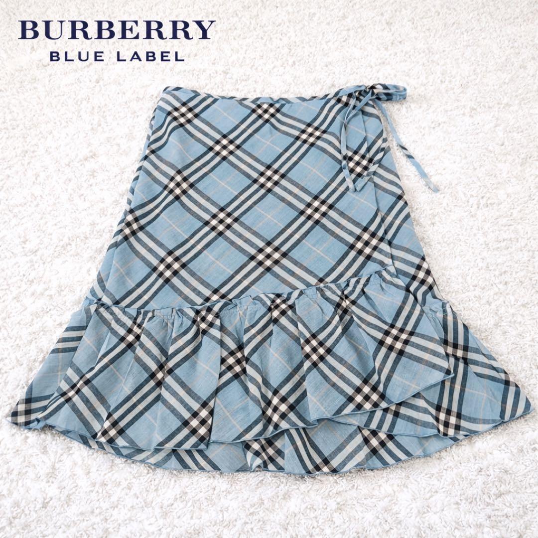 BURBERRY BLUE LABEL チェック柄ラップスカート ブルー フリル