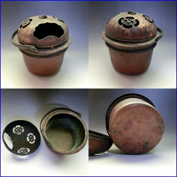 手炉■手焙り 花紋透かし 古銅製 手火鉢 手あぶり 火器 時代物 骨董品■