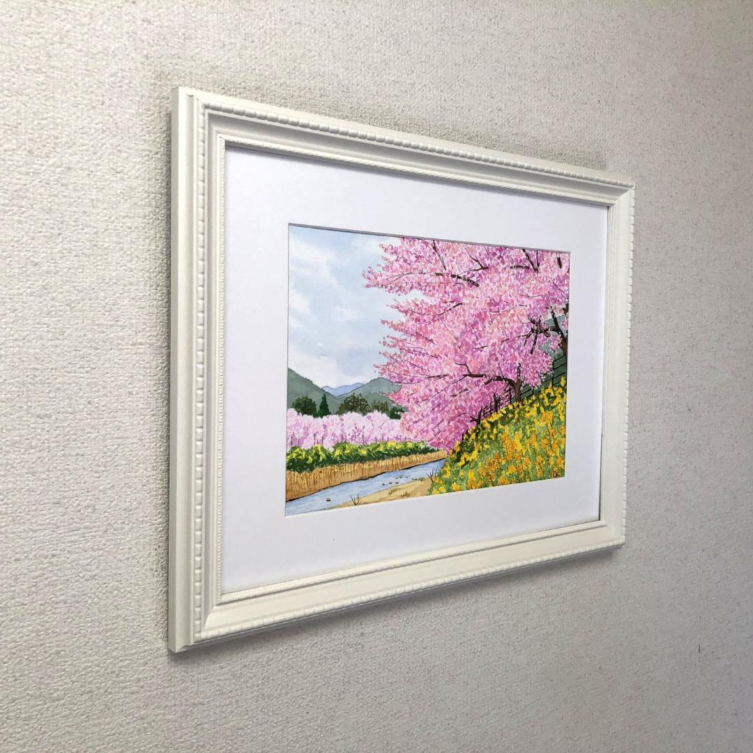 透明水彩画　原画　「河津桜」額縁付　A4サイズ　風景画