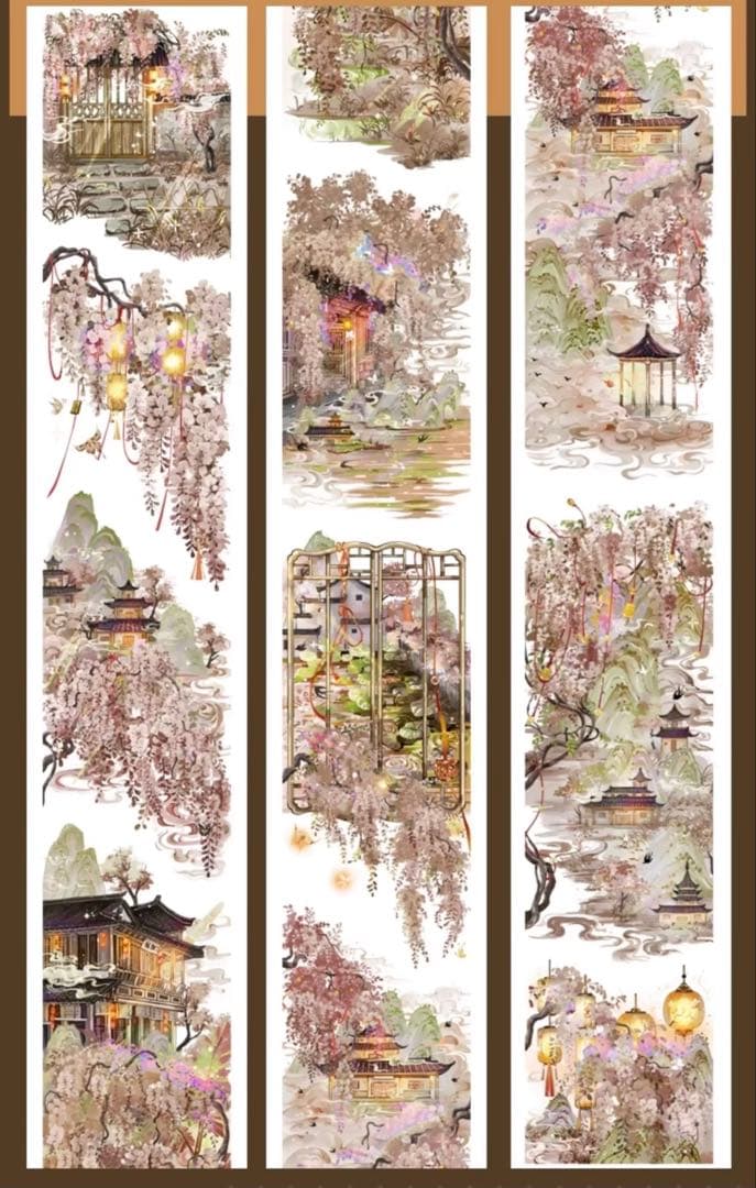 【8765】海外　マステ3/5/巻売り貝殻光マスキングテープ和風　庭園風景　藤