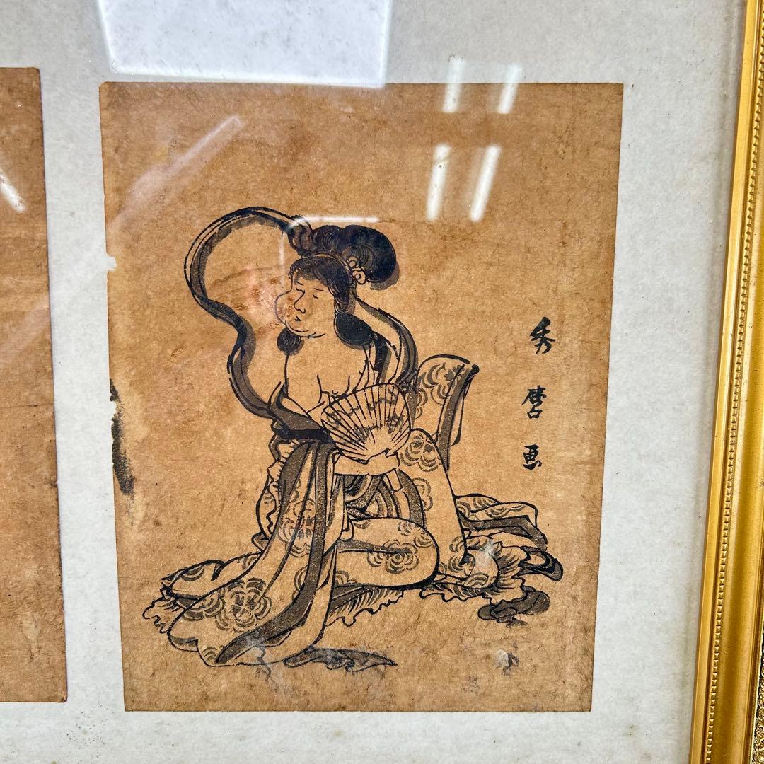 木版画 亀と女性 金色フレーム付き