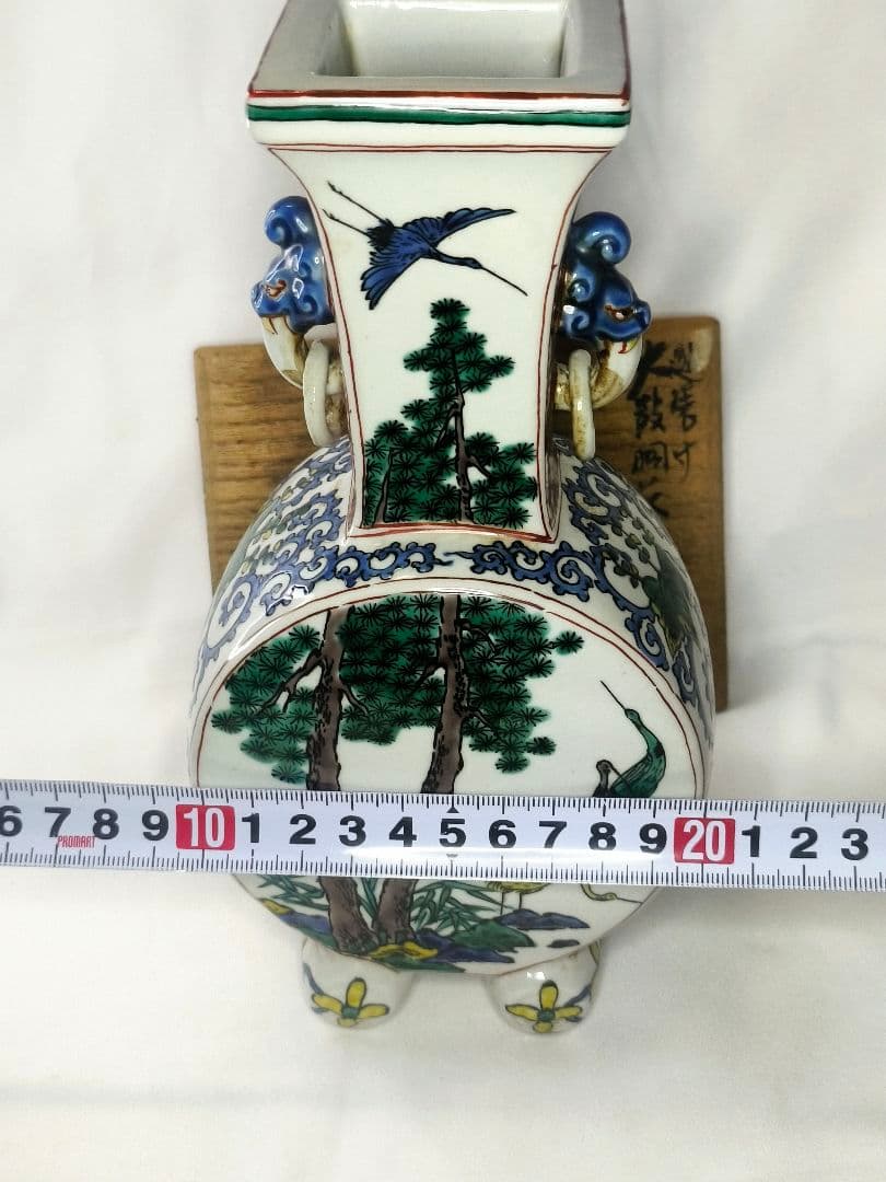 九谷焼 遊環付 太鼓胴花生 明治骨董 共箱 手描き 旧家蔵出し コレクター放出