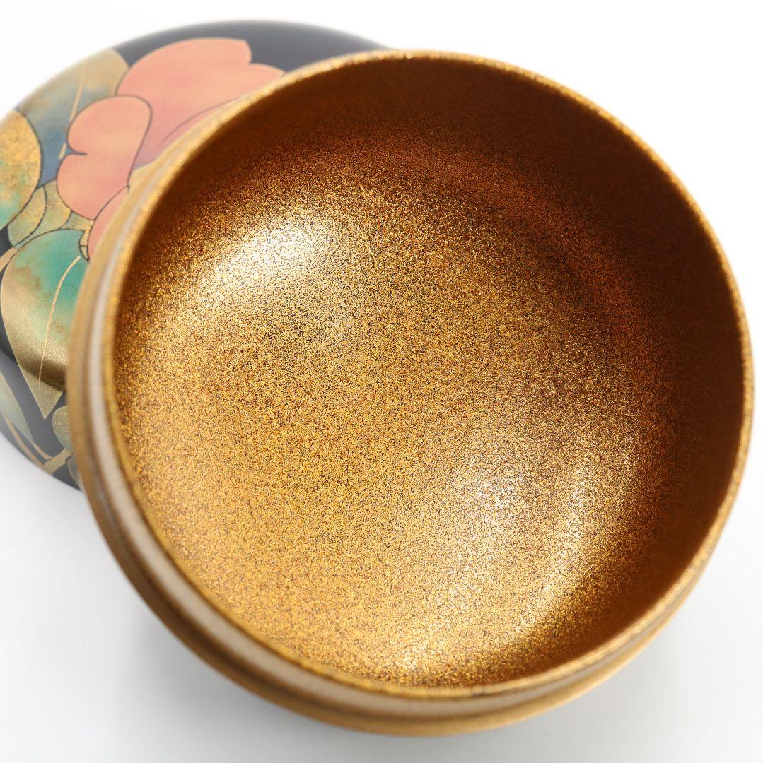 桜井一良作 椿蒔絵 平棗 金梨子地 金蒔絵 茶道具 共箱共布　M347　TC1