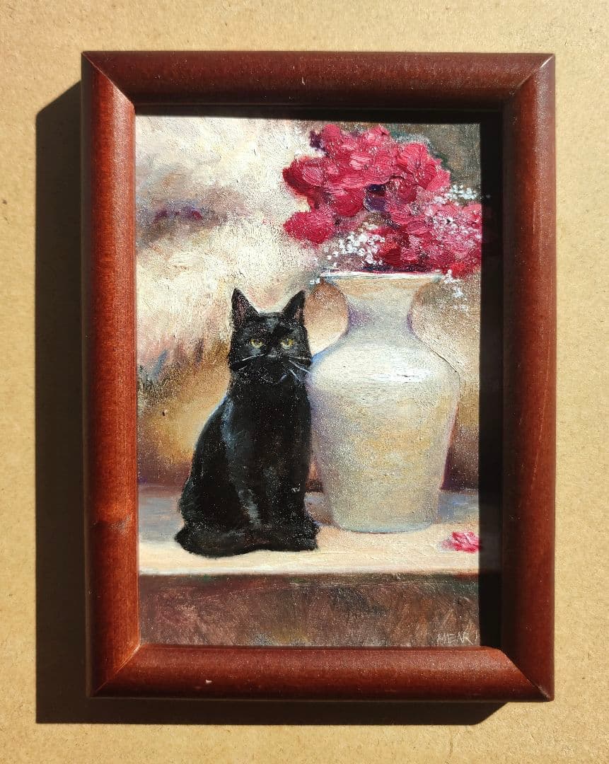 黒猫と花　静物画　原画　ミニ絵画　手描き　オリジナル