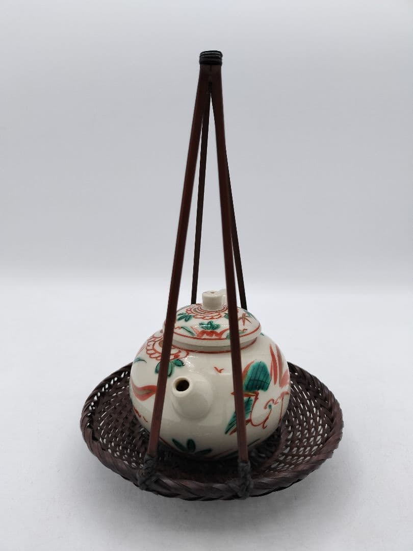 c793 煎茶　廻し篭セット 赤絵 後手急須 晃雲作 廻し籠　茶道具 古物